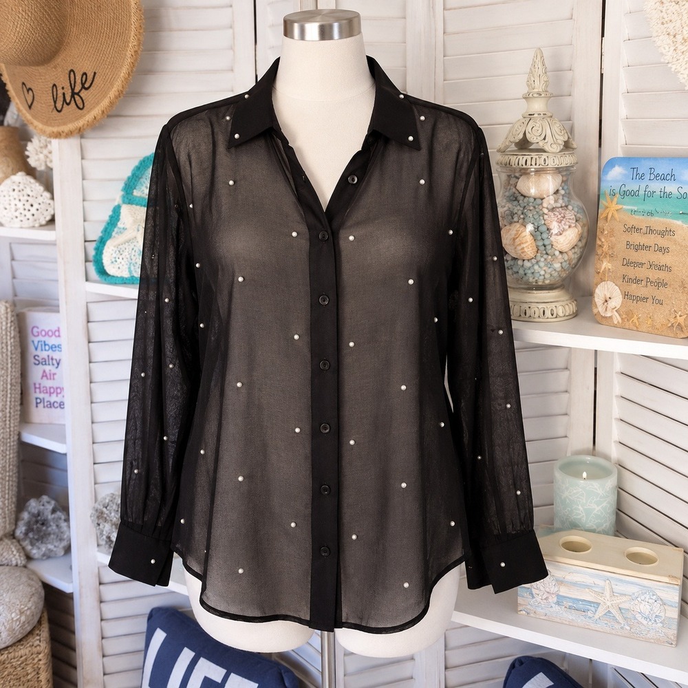 Cooperative XS Sheer Pearl Button Front Blouse Black Long Sleeve Studded Mesh